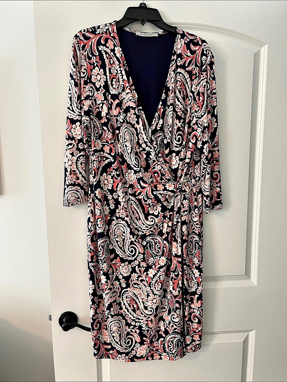 Kasper Paisley Faux Wrap Dress Midi in navy & Pink Size XL